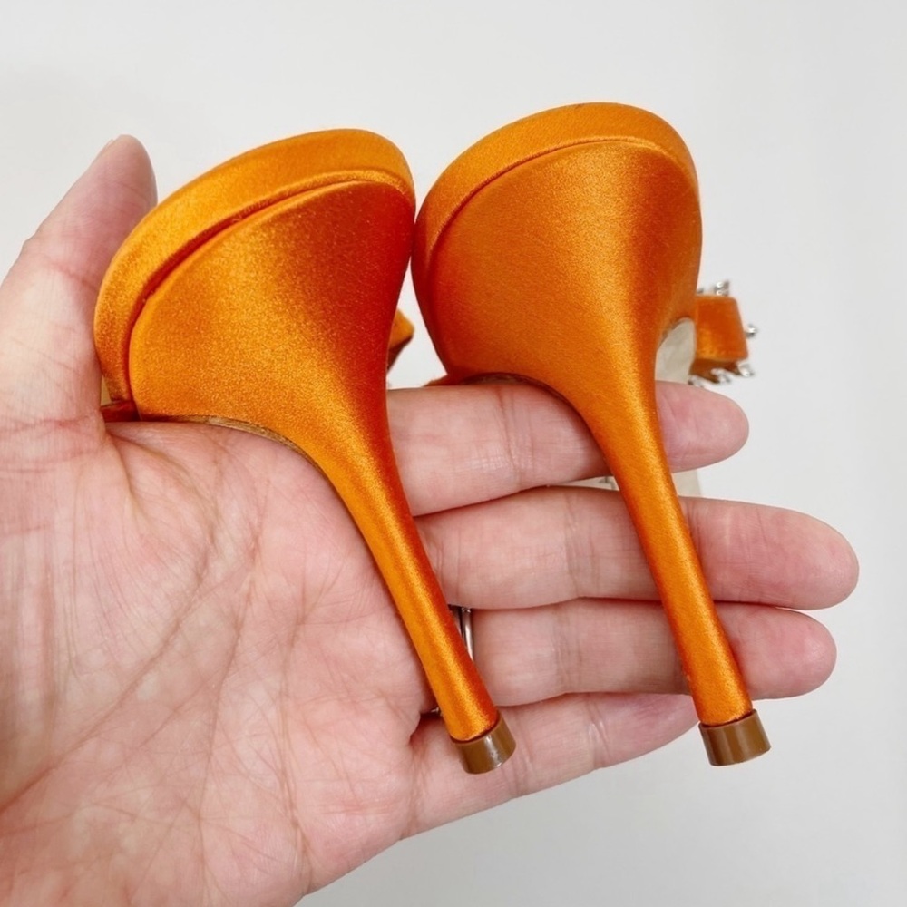 Manolo Blahnik Orange Lurum Crystal Satin Mules Heel - Picture 8 of 10